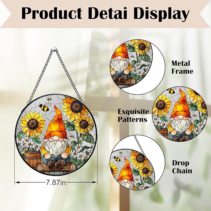 Sunflower Gnome Stained Glass Window Hanging Suncatchers, Rustic Cottage Sunflower Bee Sun Catchers Indoor Window Glass Wall Art Decor, Daisy Garden Wall Hanging Decor Sculptures, 7.9x7.9in