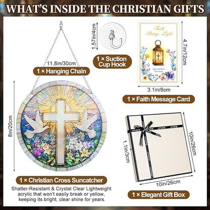 Shihanee 4 Pcs Christian Cross Suncatcher for Window Hanging with Blessing Card Gift Box Hook Acrylic Cross Pigeon Sun Catcher Religious Faith Gifts for Home Window Garden Memorial Decor