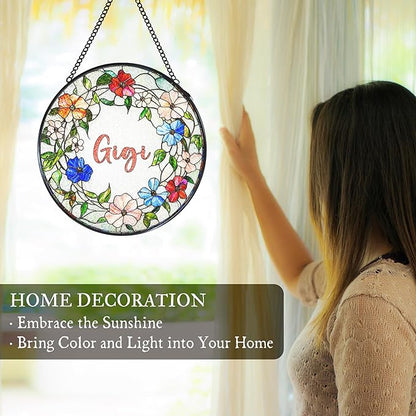 Gigi Floral Stained Glass Window Hanging Suncatcher for Grandma, Grandma's Garden Sun Catcher Window Wall Hanging Decor, Gigi Gifts for for Mothers Day Christmas Birthday, 7.8 x 7.8 in