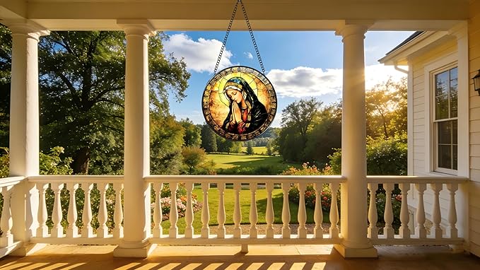 Funoasis Stained Glass Window Hanging 6.3 Inches Suncatcher - The Virgin Mary with Hands Clasped Together and A Headscarf On Her Head Ornaments Sun Catcher Home Decor Women Birthday