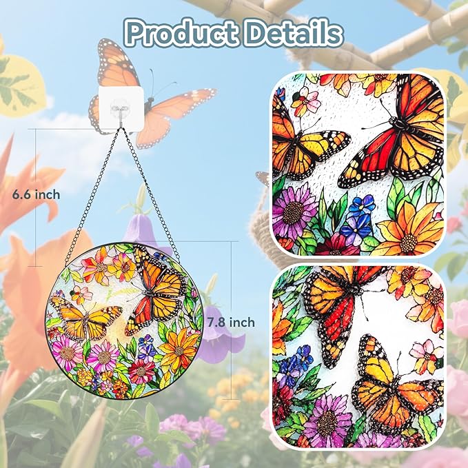 Suncatcher Stained Glass Window Hanging - Butterfly Glass Panel with Metal Chain and Hooks Handmade Sun Catcher Decoration for Window Garden Home Christmas & Birthday Gifts (7.8 Inch)