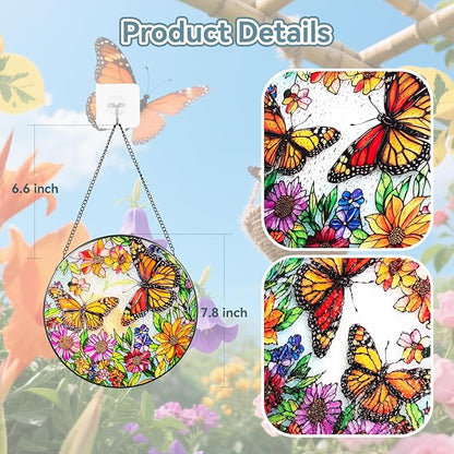 Suncatcher Stained Glass Window Hanging - Butterfly Glass Panel with Metal Chain and Hooks Handmade Sun Catcher Decoration for Window Garden Home Christmas & Birthday Gifts (7.8 Inch)