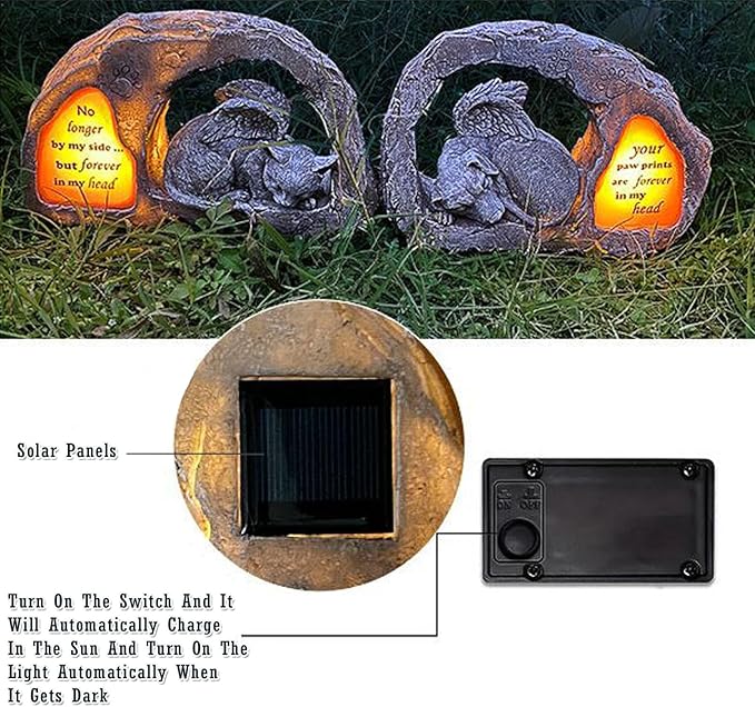 Banax Solar Powered Cat Angel Pet Memorial Tombstone Statue, Cat Angel Memorial Statue Commemorates Our Lost Fur Baby, Pet Tribute for Tombstone or Outdoor Backyard Garden