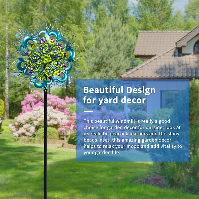 Peacock Wind Spinner, 48Inch Double Wind Sculpture, Wind Sculptures & Spinners Outdoor Metal Stake Yard Spinners, Garden Wind Catcher Wind Mills, Lawn&Garden…