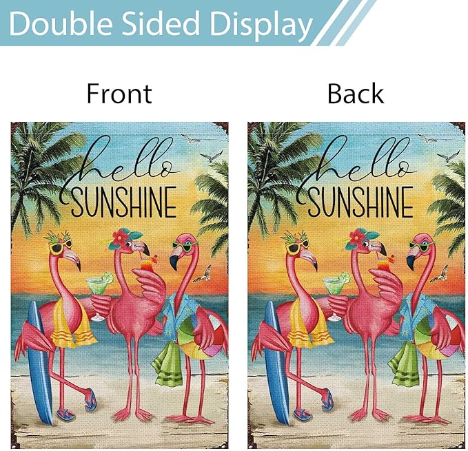 Heyfibro Flamingo Hello Sunshine Hawaii Tropical Beach Holiday Garden Flags 28x40 Double Sided Burlap Welcome Summer Tropical Ocean Sea Yard Flag for Seasonal Outdoor Party Decoration(ONLY FLAG)