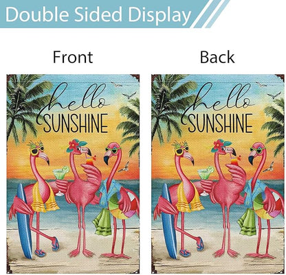 Heyfibro Flamingo Hello Sunshine Hawaii Tropical Beach Holiday Garden Flags 28x40 Double Sided Burlap Welcome Summer Tropical Ocean Sea Yard Flag for Seasonal Outdoor Party Decoration(ONLY FLAG)