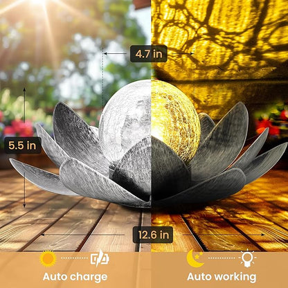 GIGALUMI Solar Light Outdoor Garden Decor, Lotus Flower Light Crackle Globe Glass Lantern Outdoor Table Decor Waterproof for Patio, Lawn, Pathway, Pool, Pond (Grey Petal)