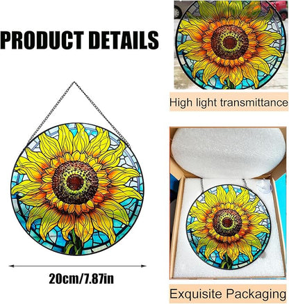 Sunflower Decor Suncatcher Stained Glass Window Hanging 7.87” Handmade Garden Suncatchers for Windows Hanging - Sun Catchers Wall Art Glass Panel Gifts for Mother's Day Christmas Birthday ﻿