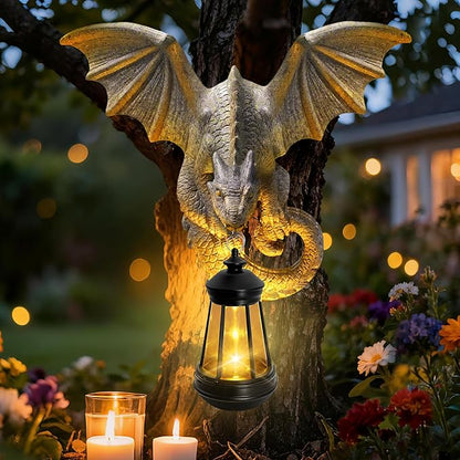 Dragon Tree Hugger Garden Statue - Resin Dragon Figurine Wall Hanger Sculptures Decor with Solar Lantern Lights, Outdoor Waterproof for Balcony Wall Porch Yard, Gifts for Mom Women Mother's Day