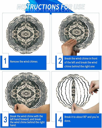 Stainless Steel Wind Spinner for Yard Garden Decoration, Dark Green Ethnic Beige Floral Retro Print Round Wind Sculpture Spinner 3D Crafts Hanging Ornaments for Indoor Outdoor, 8 Inch