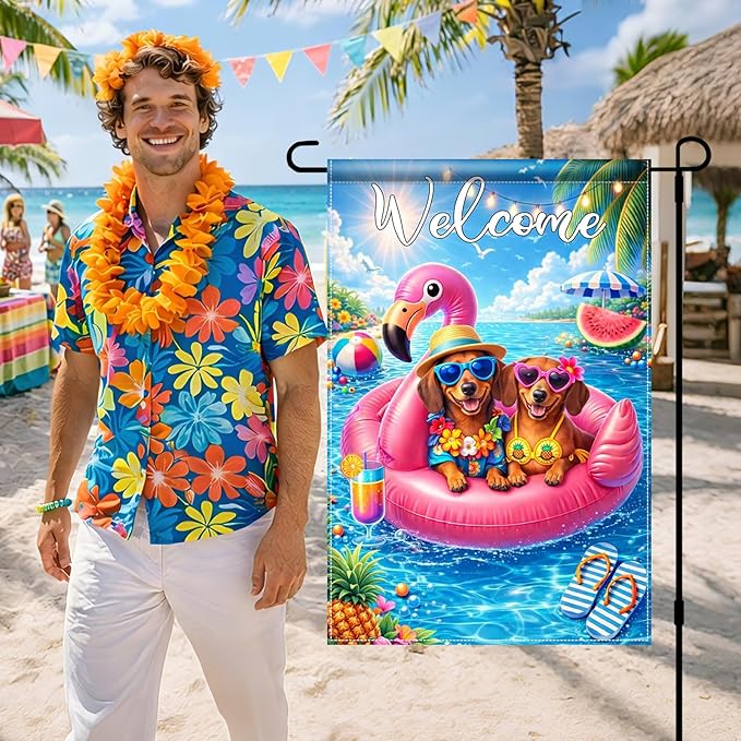 BlissYard Welcome Flamingo Pool Dog Garden Flag 12x18 Double Sided Vertical Outdoor Decor Labrador Retriever Summer Poolside Yard Garden Lawn Banner Bright Seasonal Display