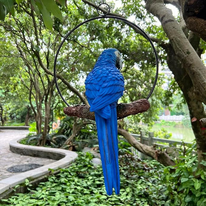 Hanging Parrot Macaw Sculpture Ring Perch Indoor/Outdoor Statue for Patio Home Garden, Medium 15 Inch Tall
