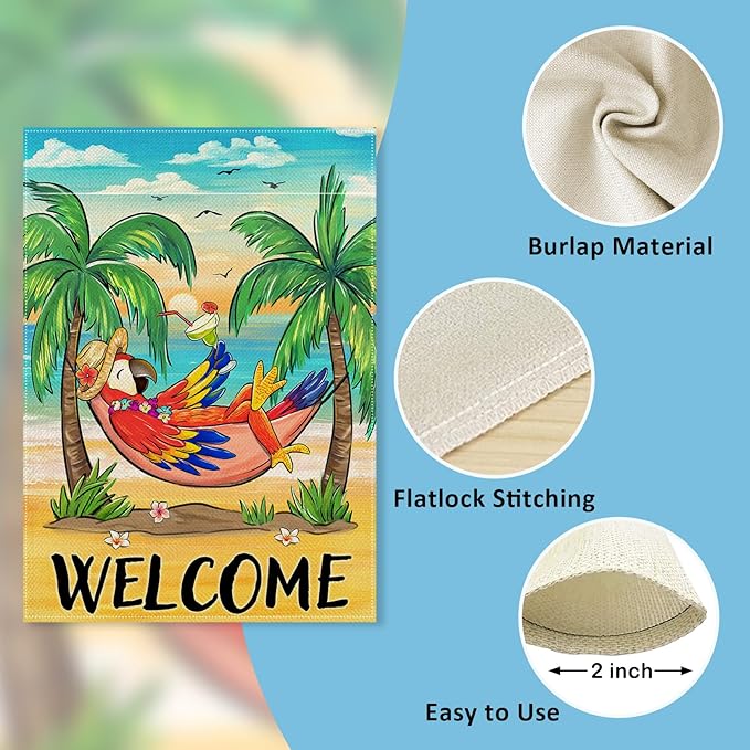 Welcome Summer Parrot Bird Decorative Garden Flag, Beach Coastal Tropical Palm Tree Yard Outside Decorations, Hawaii Sunset Nautical Seasonal Outdoor Small Home Decor Double Sided 12 x 18