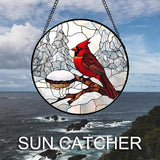 Stained Glass Window Hanging Cardinal Bird Winter Snow Scene 6.3" - Suncatcher Door Garden Sunroom Sun Catcher Home Decor Birthday Christmas for Mom Men Woman Nana