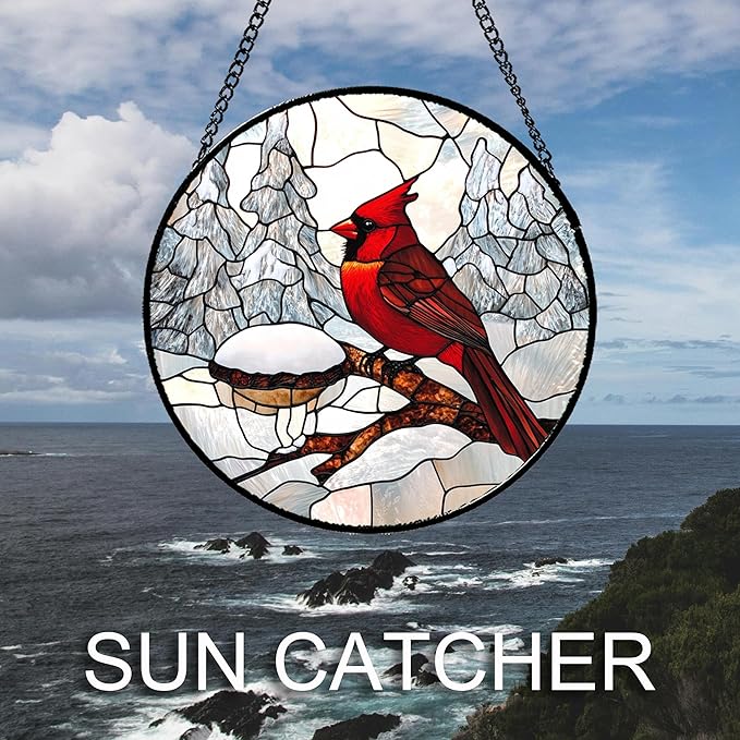 Stained Glass Window Hanging Cardinal Bird Winter Snow Scene Large 11.8" - Suncatcher Door Garden Sunroom Sun Catcher Home Decor Birthday Christmas for Mom Men Woman Nana