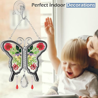 KY&BOSAM Suncatcher Butterfly Stained Glass Crystal Butterfly Suncatchers Ornament hangings for Windows Wind Chime with Pressed Flower Butterfly Embedded in Glass Mother`s Day Birthdays