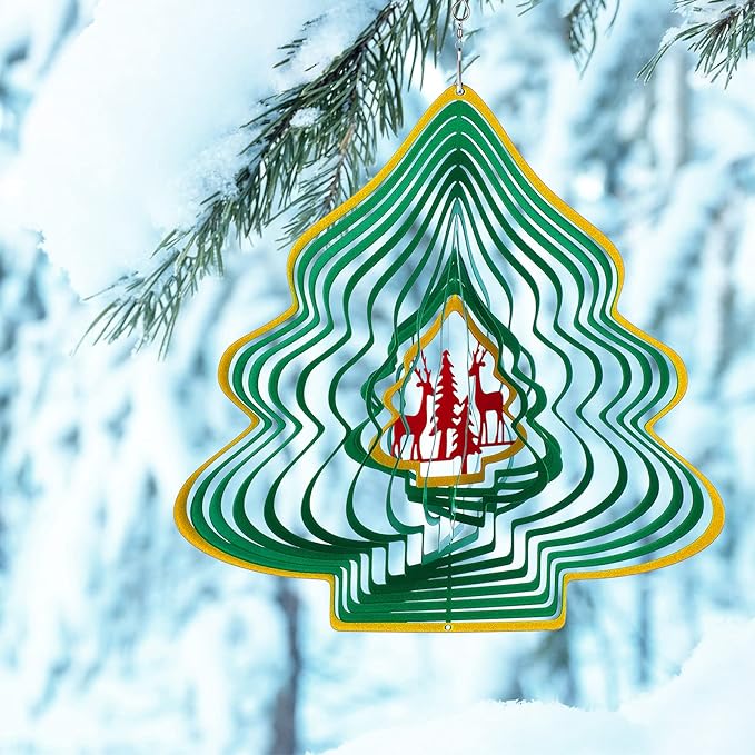 3D Metal Wind Spinner Christmas Tree Shape Stainless Steel Yard Decorations Spinner with a Routing Hook for Outdoor Garden House Hanging Decoration Gift with 360 Rotating Hook for Home Yard Decor