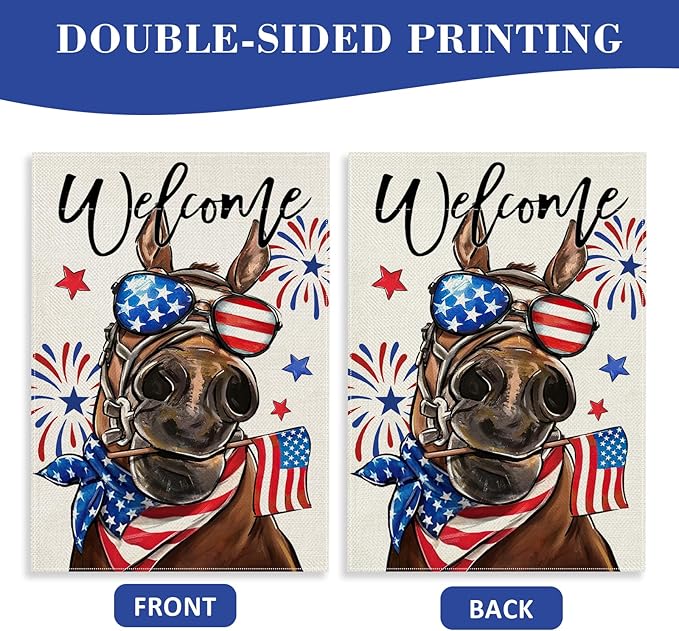 Welcome 4th of July Donkey Patriotic Decorative Garden Flag, America USA Stars Stripes Independence Day Yard Outside Decorations, American Firework Outdoor Small Home Decor Double Sided 12 x 18