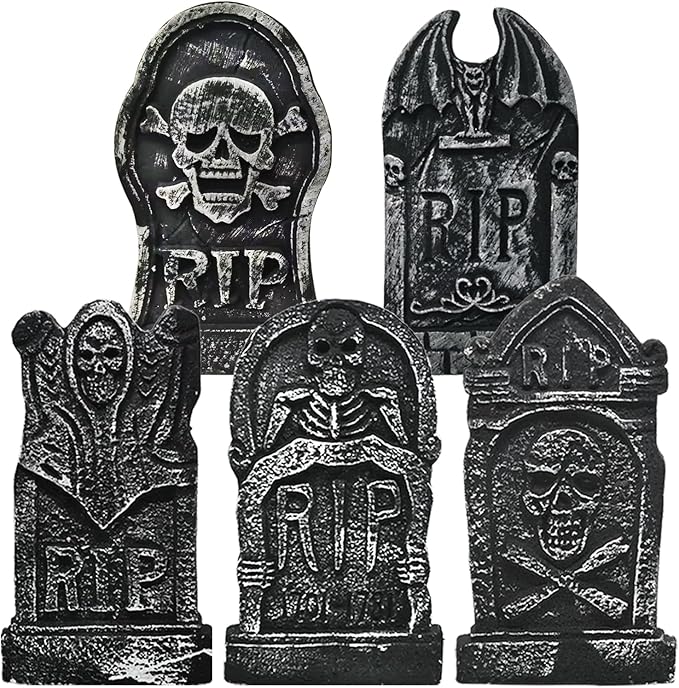 WODMAZ Halloween Foam RIP Graveyard Tombstones (5 Pack), Headstone Yard Decorations with 10 Metal Stakes, Halloween Tombstone Decorations for Lawn Yard Garden Outdoor Indoor Decor