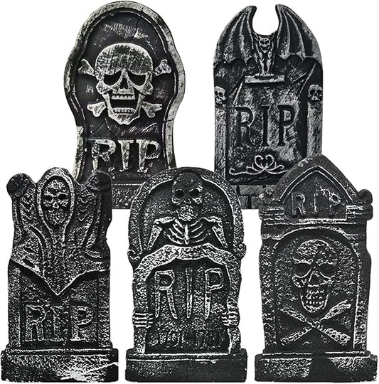 WODMAZ Halloween Foam RIP Graveyard Tombstones (5 Pack), Headstone Yard Decorations with 10 Metal Stakes, Halloween Tombstone Decorations for Lawn Yard Garden Outdoor Indoor Decor