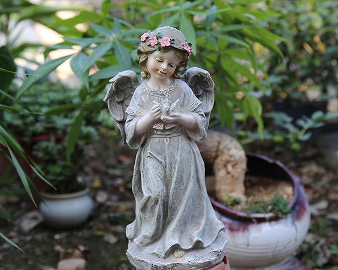 Angel & Dove Garden Statue - 12.6 Inches Tall, Religious Outdoor Decoration, Inspirational Resin Yard Sculpture for Garden, Memorial & Patio