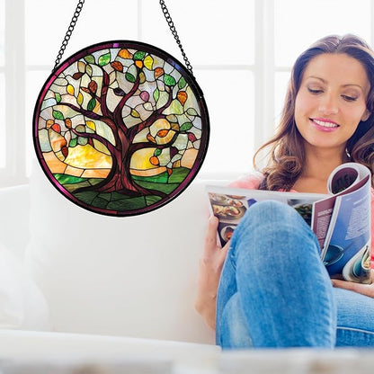 Stained Glass Window Hanging Colorful Tree of Life 6.3" - Green Suncatcher Door Garden Sun Catcher Home Decor Birthday Christmas for Mom Men Woman Nana Wife Friend