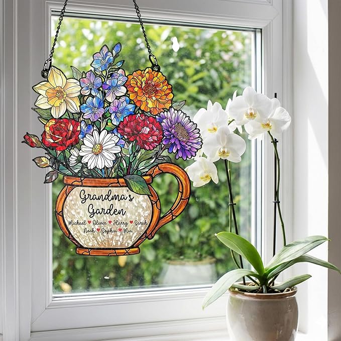 Personalized Grandma Stained Glass Sun Catcher, Custom Birth Month Flower Stained Glass Acrylic, Grandma's Garden Suncatcher Window Hanging Ornament, Mothers Day Grandma Mom Gifts
