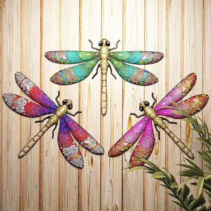 3pcs Metal Dragonfly Garden Art Decorations, Outdoor Hanging Wall Decor Sculptures for Home Garden Yard Patio Window