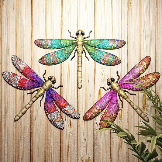 3pcs Metal Dragonfly Garden Art Decorations, Outdoor Hanging Wall Decor Sculptures for Home Garden Yard Patio Window