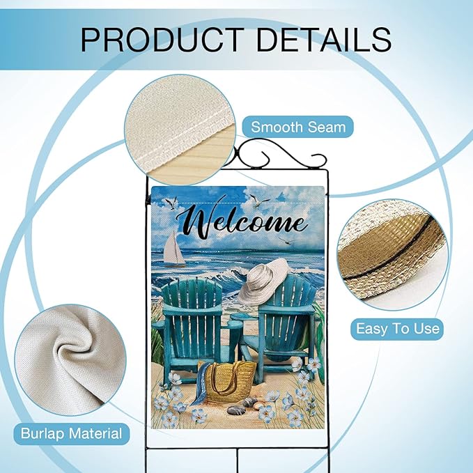 Hzppyz Welcome Summer Beach Coastal Nautical House Flag Double Sided, Ocean Blue Sea Myosotis Sylvatica Chairs Decorative Garden Yard Outdoor Large Decor, Burlap Home Outside Decoration 28 x 40