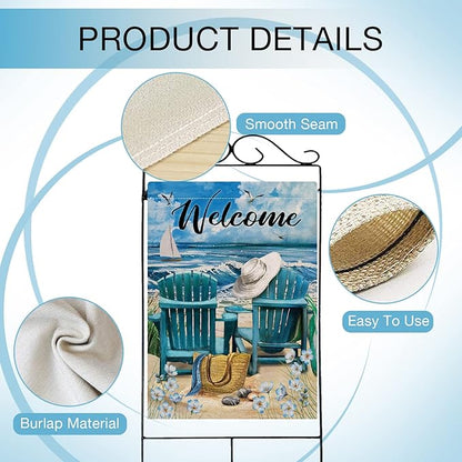 Hzppyz Welcome Summer Beach Coastal Nautical House Flag Double Sided, Ocean Blue Sea Myosotis Sylvatica Chairs Decorative Garden Yard Outdoor Large Decor, Burlap Home Outside Decoration 28 x 40