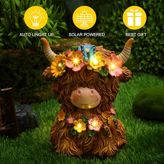 Colingmill Highland Cow Solar Statue Outdoor Decor Resin Highland Cow Figurine with Flower Gifts for Women Mom for Spring Yard Garden Lawn Ornaments, Calf Gnome Herd Lovers(Bright)