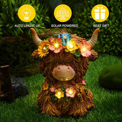 Colingmill Highland Cow Solar Statue Outdoor Decor Resin Highland Cow Figurine with Flower Gifts for Women Mom for Spring Yard Garden Lawn Ornaments, Calf Gnome Herd Lovers(Bright)