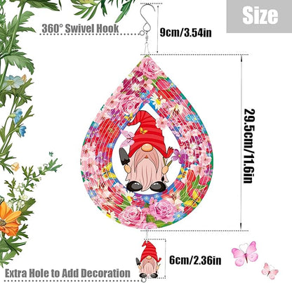 Gardener Gnome Pink Wind Spinners for Yard and Garden,12 Inch 3D Stainless Steel Hanging Kinetic Yard Art Wind Sculpture, Kinetic Art Garden Decor for Christmas Outdoor & Indoor