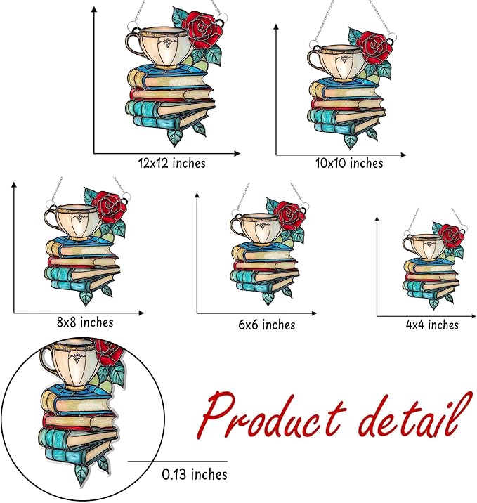 Teacup Books Bookish Acrylic Suncatcher, Book Suncatchers for Window Hangings, Bookish Gifts for Readers Book Lovers Bookworm, Gift for Mother's Day, Women, Mom, Wife, Grandma