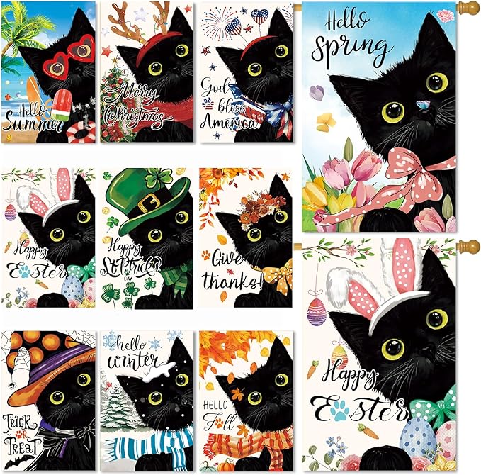 Seasonal Garden Flags Set of 11, Double Sided 28 x 40 Inchs Black Cat House Flags,Large Holiday Flags for Outside All Seasons Decor, Spring Summer Independence Day Easter Outdoor Yard Decorations