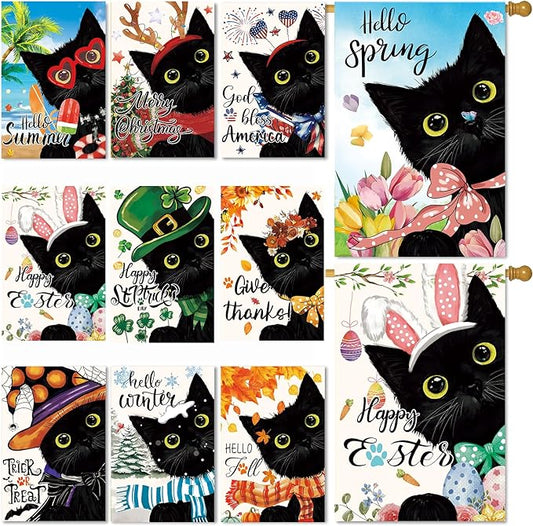 Seasonal Garden Flags Set of 11, Double Sided 28 x 40 Inchs Black Cat House Flags,Large Holiday Flags for Outside All Seasons Decor, Spring Summer Independence Day Easter Outdoor Yard Decorations