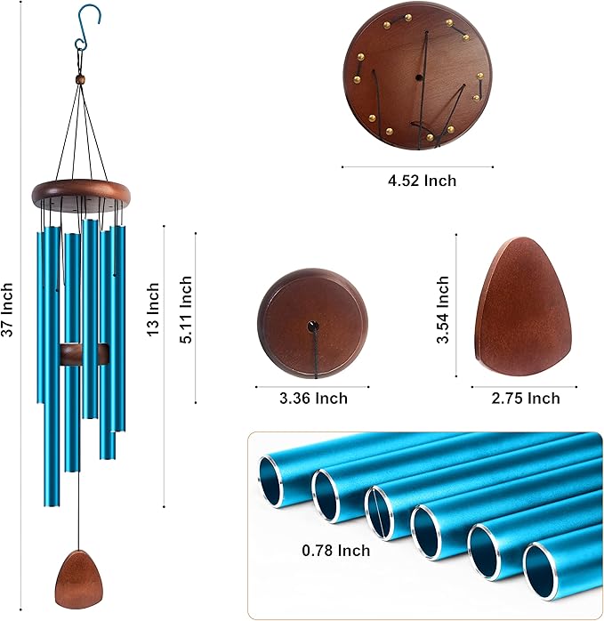 Bursvik Large Aluminium Wind Chimes 37 Inches to Create a Zen Atmosphere Suitable for Outdoor, Garden, Patio Decoration. Classic Wind Chimes with Wind Catcher Suitable as A Gift for Unisex(Blue)