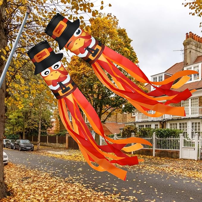 2Pcs Fall Thanksgiving Turkey Windsocks Decorations - Fall Thanksgiving Decorations - Thanksgiving Party Home Farmhouse Yard Front Door Window Wind Sock Outdoor Hanging Decor- 40 Inch