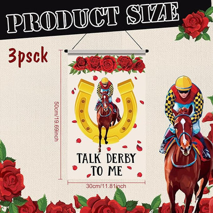 Tegeme 3 Pcs Derby Day Door Banner Derby Day Hanging Flag Decor Roses Horse Racing Festival Door Hanger Sign for Holiday Party Outdoor Indoor Home