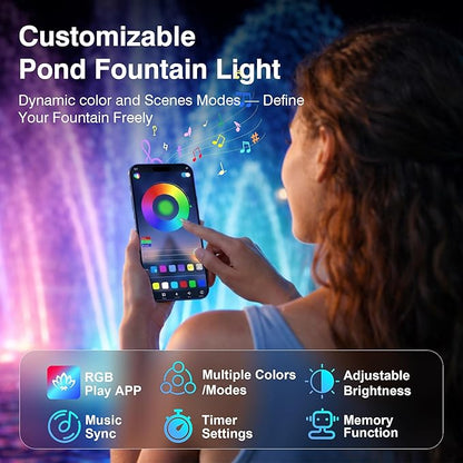 Pond Fountain Aerator Lights, RGB LED Color-Changing Aerator Floating Fountain Light, AC 120V, 100ft Cable with Controller, APP & Remote Control, IP68 Waterproof, Compatible with Most Pond Aerators