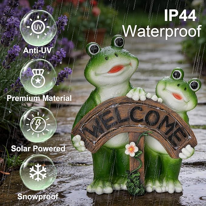 Frog Garden Decor, Frog Solar Garden Statue, 8.26" Frog Outdoor Decor, Outdoor Solar Garden Figurines Decorative Art Housewarming Welcome Sign Gifts for Patio Yard Lawn Ornament