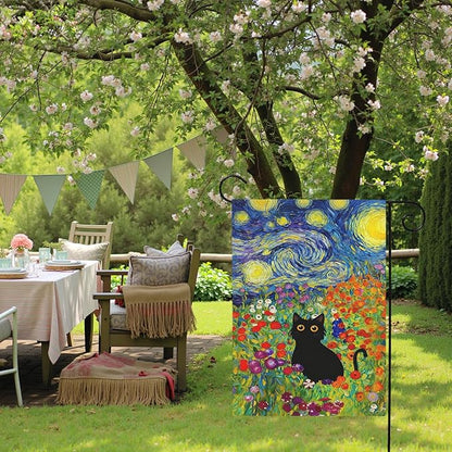 Spring Cat Garden Flag Van Gogh Style Black Cats Yard Falgs Vibrant Starry Night Floral Colorful Summer Artistic Kitty Flower Field House Banner for Porch Patio Lawn Pathway 12x18 Inch