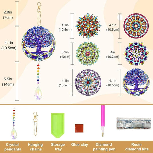 Sinor 6 Pcs Diamond Painting Wind Chimes Suncatcher, Hanging Crystal Double Sided Chime Ornament Decor for Garden Window Home DIY Kits for Adults -Style B