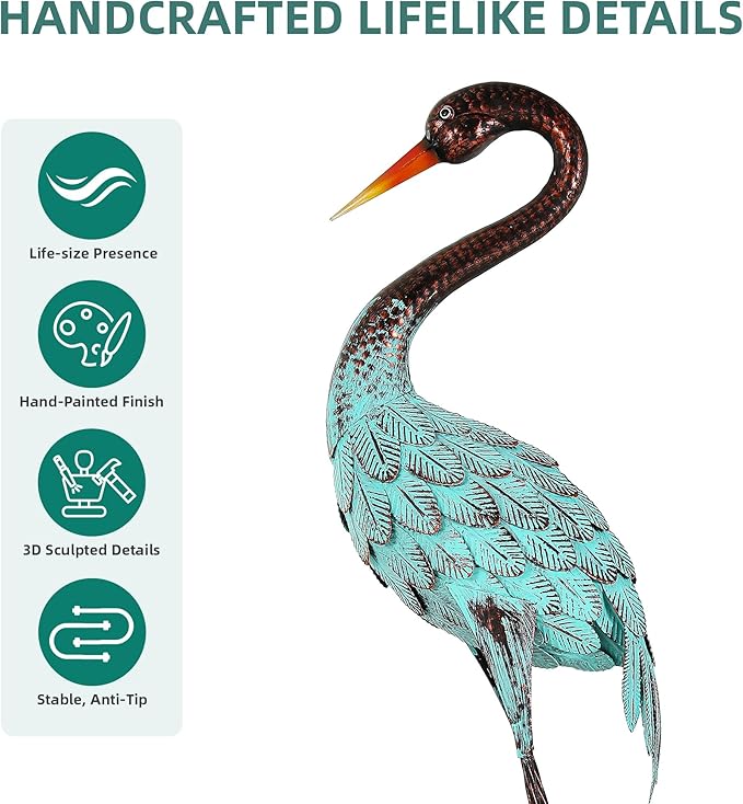 Extra-Large 47.5" Blue Heron Decor, Handcrafted Metal Crane Statue with Stable U-Ground Stakes, Backyard Decoration, Metal Garden Bird Animal Yard Art, Lawn Ornament Decor