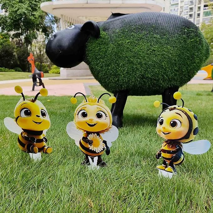 Bee Garden Stakes Decor – Metal Outdoor Yard Art, Rustproof Lawn Ornaments for Garden Patio Flower Bed, Hand-Painted 2D Bee Set of 3