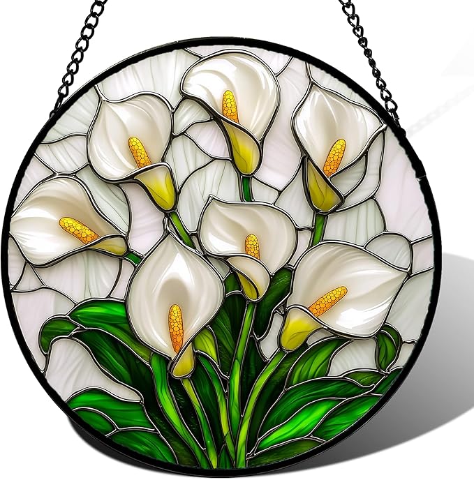 DASTOLL Stained Glass Window Hanging, White Calla Lily Suncatcher Diamond Glass Panel Hangings Flowers Sun Catchers Decor for Birthday for Women, Men, Wife, Aunt, and Mom 14.9x14.9 in
