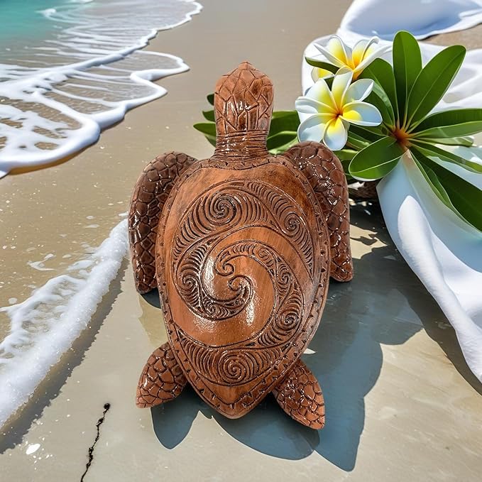 6-Inches Imitative Wood Carving Sea Turtle Statue Resin Hawaiian Turtles Sculpture Garden Tortoise Figurine Decorative Animal Statue for Home Indoor Outdoor Decor Patio Lawn Yard Ornaments