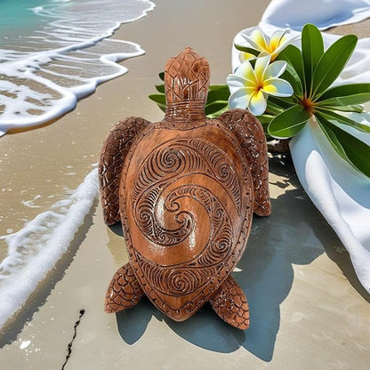 6-Inches Imitative Wood Carving Sea Turtle Statue Resin Hawaiian Turtles Sculpture Garden Tortoise Figurine Decorative Animal Statue for Home Indoor Outdoor Decor Patio Lawn Yard Ornaments