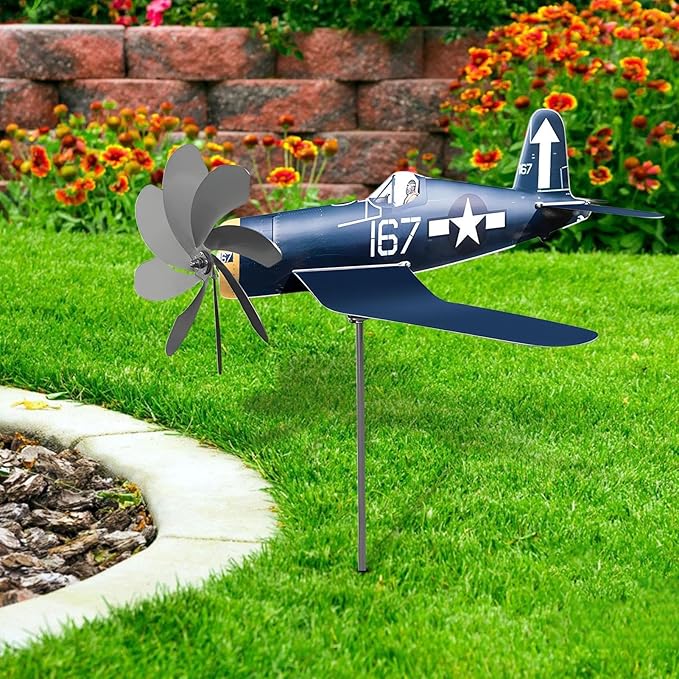 Airplane Wind Spinner - Outdoor Metal Windmill | Stainless Steel Aircraft Wind Sculpture Spinner | Garden Sculpture for Lovers